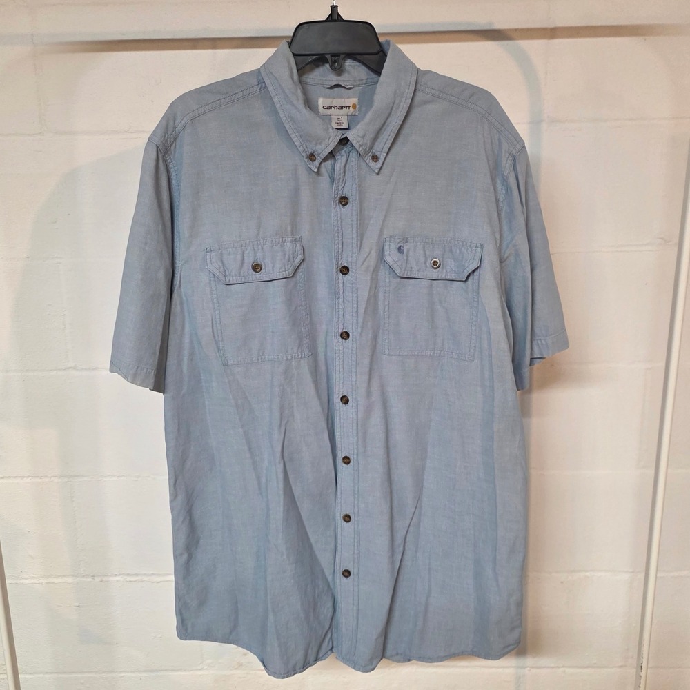 Carhartt Mens Chambray XL Tall Loose Fit Short Sleeve Button Down Shirt Blue